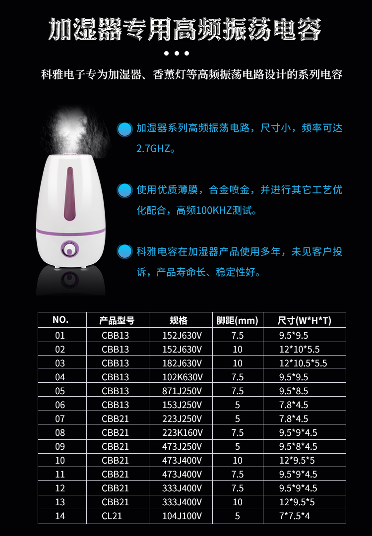 科雅电子推出加湿器专用高频振荡电容器